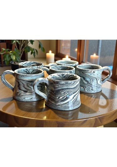 2'li Nerikomi El Yapımı Stoneware Fincan Siyah - Krem - Açık Mavi