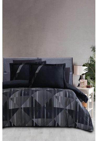 Dijital Saten Çift Kişilik Nevresim Takımı Lufian Siyah Siyah