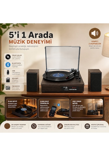 Dosound Ds-022 Nostaljik Bluetooth Pikap Çalar Usb Sd Kart Fm Radyo 1 Adet