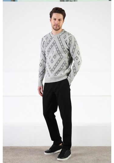 Ferraro A.Gri Kare Desenli %100 Kuzu Yünü Erkek Kazak Açık Gri