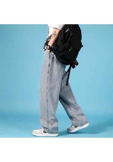 Erkek Gevşek Büyük Boy Günlük Kot Düz Tüp Zemin Paspas Erkek Pantolon Moda Trendi Erkek Pantolon Gri