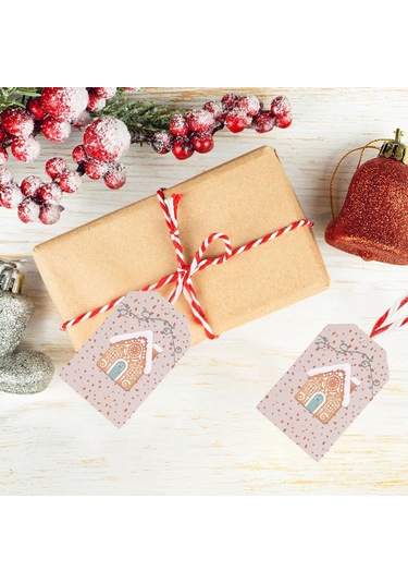 Yılbaşı Ev Temalı Hediye Etiketi, Yeniyıl, Noel Delikli Paketleme Kartı, 50 Adet-4.8x7.5 Cm, Krem
