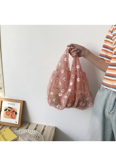 Mary&raptor Kadın Şeffaf Tote Çanta - Papatya Nakışlı, Eko Meyve Ve Dekorasyon İçin Pembe