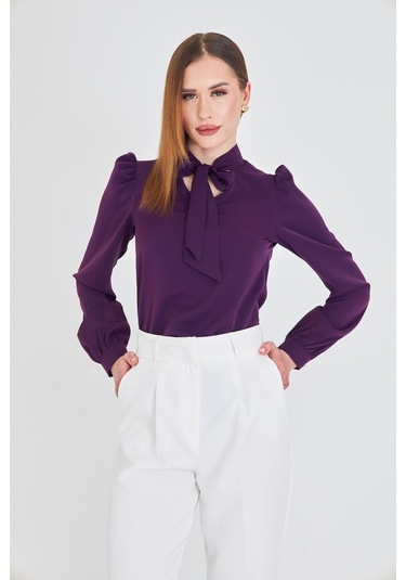 Büzgü Kol Fularlı Gömlek Mor Mor