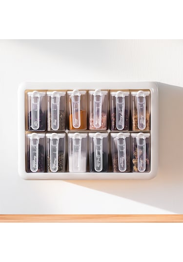 Porsima Simple 1168 Random 12'li Standlı Kendinden Yapışkanlı Kaşıklı Kapaklı Baharatlık Saklama Kabı Seti - Beyaz Beyaz