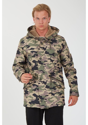 Sposo 1738 Su Itici Kumaş , Kapşonlu Siyahlı Kamuflaj Erkek Kaban Yeşil - Siyah