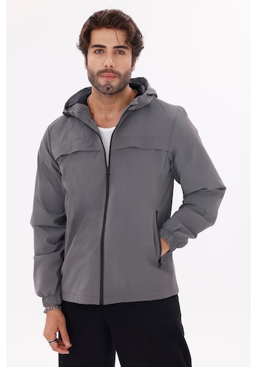 Erkek Kapüşonlu Nova Kumaş Hafif Ve Dayanıklı Şık Mevsimlik Su Ve Rüzgar Geçirmez Yağmurluk Antrasit