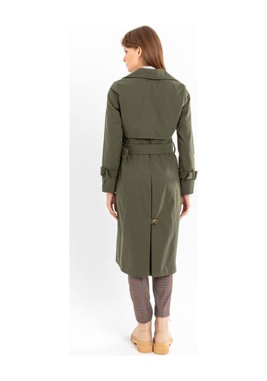 Pastelastore %100 Pamuk Gabardin Uzun 110cm Astarlı Kemerli Kadın Trençkot 1111 Haki