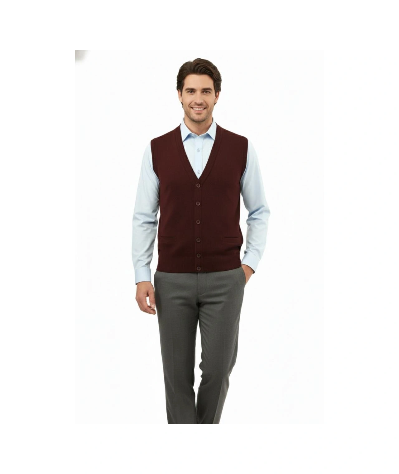 Erkek Düğmeli Yelek Cepli Çelik Örgü Klasik Kalıp 5200l Bgl-st04844 Bordo