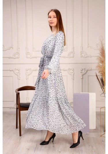 Aymeravm - Desenli Kuşaklı Büyük Beden Kadın Elbise - Çuha0702Ga