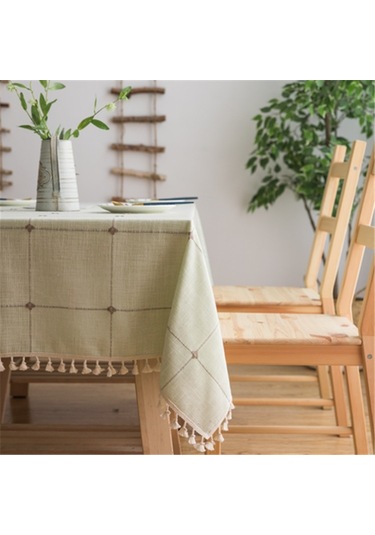Kare Kafes İşlemeli Masa Örtüsü Saf Renk Pamuk Keten Püskül Dikdörtgen Sehpa Mat, Boyutu: 100x160cm Yeşil Yeşil