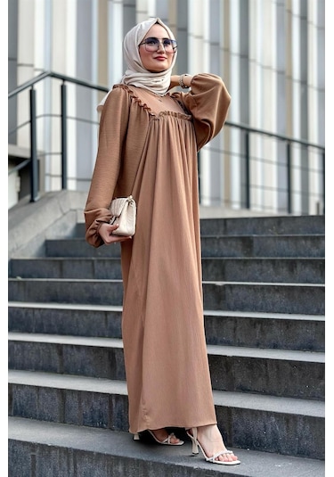 Fırfırlı Robalı Bürümcük Elbise-vizon-1596-vizon Vizon