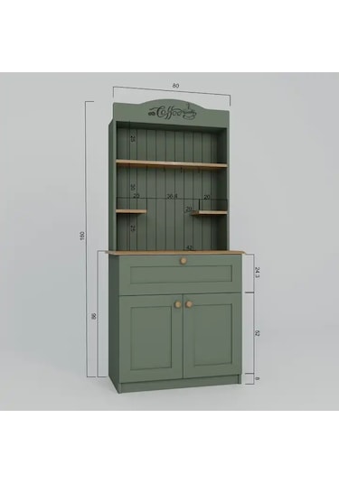 Lucas 2 Kapaklı Çekmeceli Kahve Köşesi Ve Çok Amaçlı Mutfak Dolabı - Açık Ceviz & Yeşil Yeşil