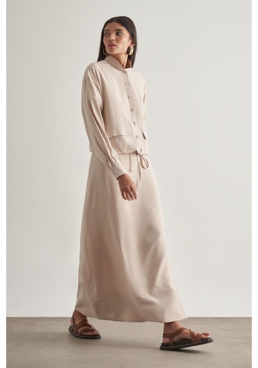 Mizalle Modal Karışımlı Taş Rengi Maksi Evaze Etek Taş