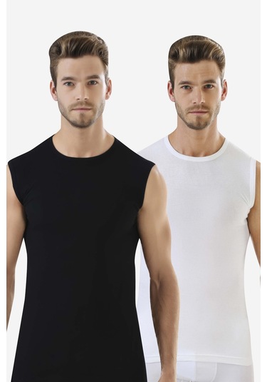 Erkek Beyaz - Siyah Tişört Sıfır Kol Sıfır Yaka Kolsuz Atlet 2'li %100 Pamuk Beyaz - Siyah
