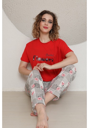 Fames Pijama Yazlik Çiçek Desen Kadin Pijama Takim Kırmızı