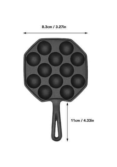 Pazly 12 Gözlü Dökme Demir Takoyaki Tavası, Yapışmaz Yüzey, Sağlıklı Yağsız Pişirme, Siyah Siyah