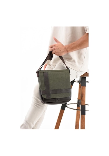 Kanvas Kumaş Tablet Çantası Erkek Postacı Çanta 27 23 Cm Çapraz Askılı Omuz Çantası Haki