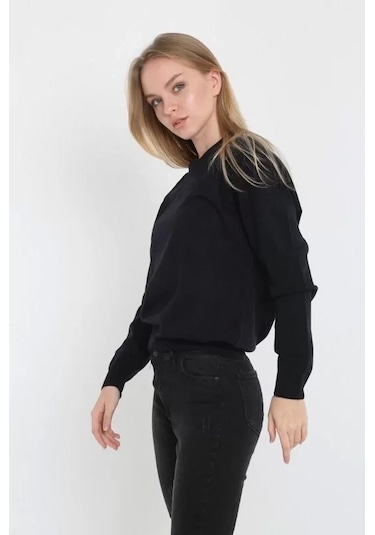 Blacktree Unisex Uzun Kol V Yaka Triko Kazak - Siyah Siyah