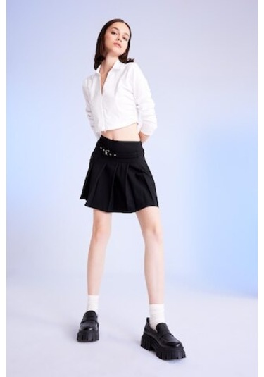 Defacto Yüksek Bel Basic Düz Kemerli Pileli Siyah Mini Etek D4470AX24AUBK27 Siyah