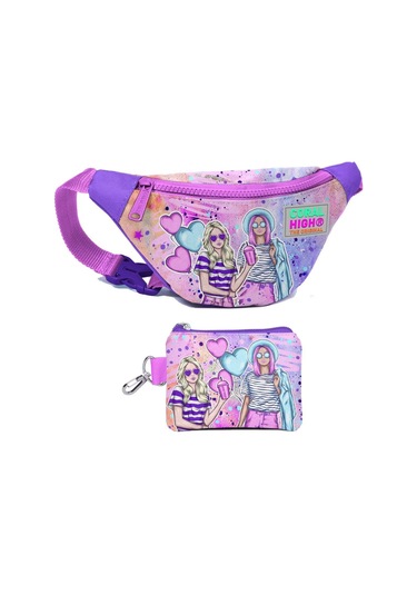 Coral High Kız Çocuk Pembe Mor Fashion Girl Desenli Bel Çantası Ve Bozuk Para Cüzdanı Set Çok Renkli