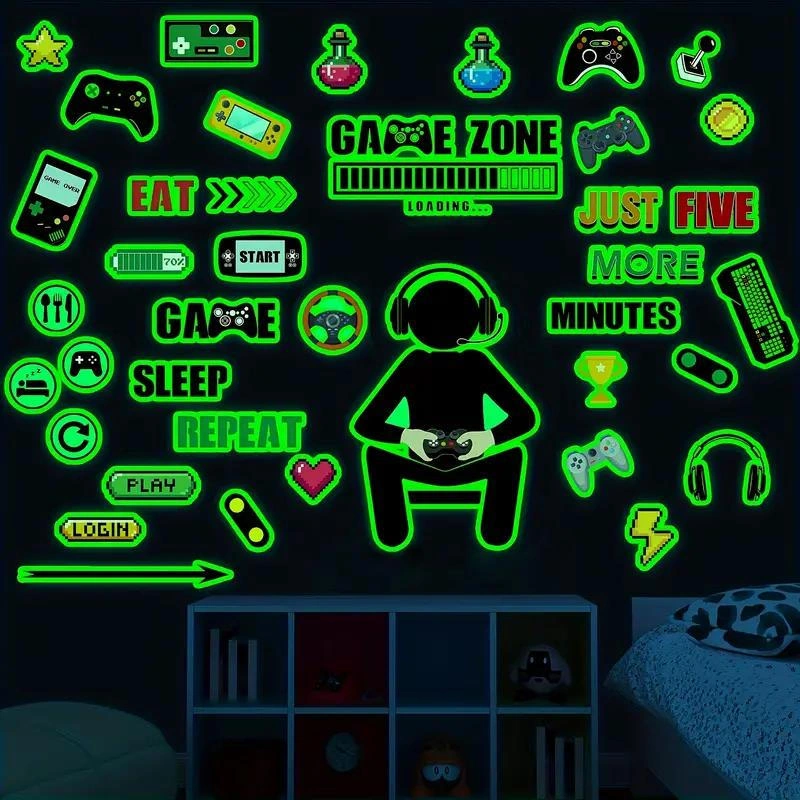 Hombey Oyun Odası Dekorasyonu Işıklı Oyun Sticker'ları - Kumanda, Konsol Desenli Duvar Sticker'ı, Erkek Kız Odası Dekoru, 30x20 Cm Beyaz