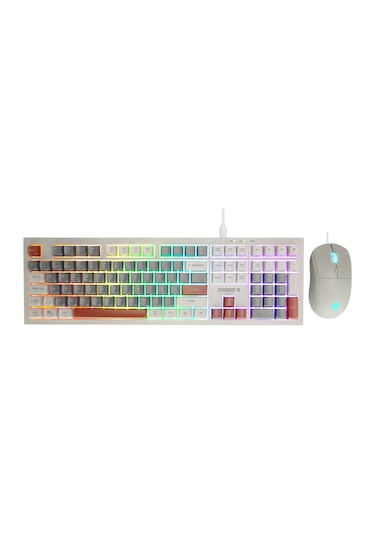 Everest Km-77 Runa Gri/krem/kahve Usb Rainbow Aydınlatmalı Sessiz Q Klavye + Mouse Set Optik