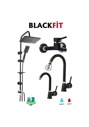 Siyah Tepe Duş Seti Çubuk Kol Duş Robotu Duş Başlığı Banyo Lavabo Bataryası Mutfak Çeşmesi Siyah