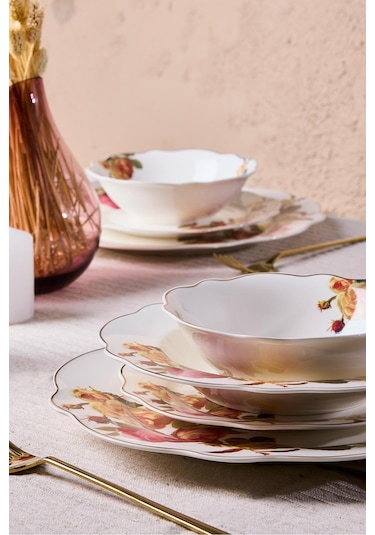 Porselen Rose Garden Bone 24 Parça 6 Kişilik Yemek Takımı Desenlı Desenli