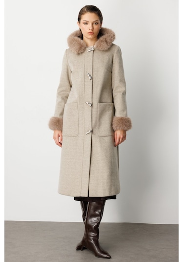 Ekol Kadın Yakası Ve Kolları Kürklü Kaşe Kaban 6055 Vizon Vizon