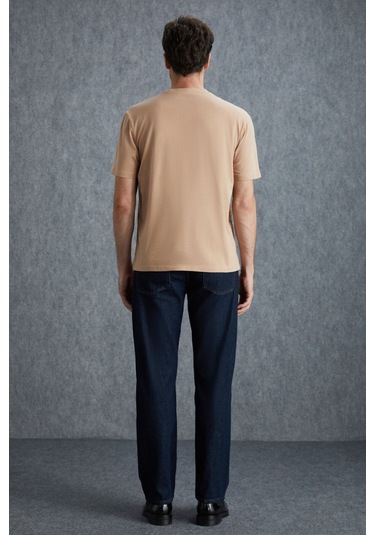 GRIMELANGE Solo Erkek %100 Organik Pamuklu Kalın Dokulu Comfort Fit Bisiklet Yakalı Bej T-shirt Bej