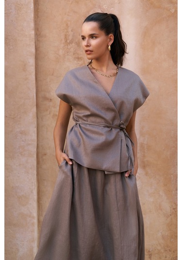 Fiametta Salaş Füme Keten Yelek Etek Takım Füme