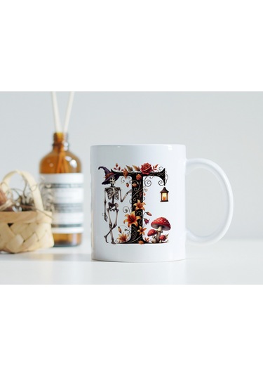 T Harfi Şapkalı İskelet Figürlü Ve Çiçekli Kupa Bardak - Cadılar Bayramı / Halloween Özel Hediye Beyaz