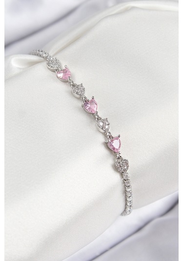 Pirinç Zirkon Taşlı Pembe Kalp Model Gümüş Renk Kadın Bileklik - Tj-bb7698 Diğer
