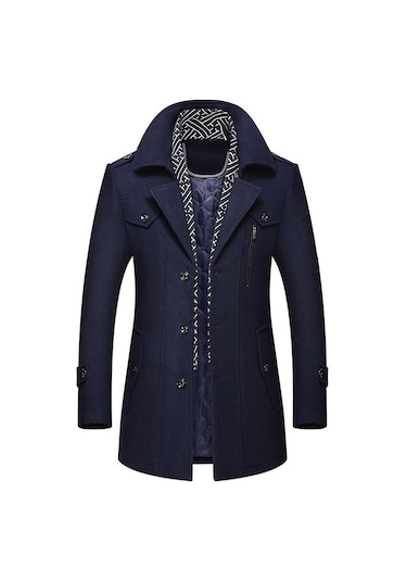 Erkek Yünlü Ceket Sonbahar Ve Kış Erkek Eşarp Yaka Mont Kaban Lacivert