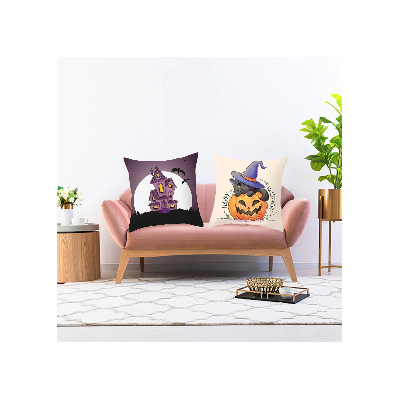 Yaleker Halloween Dekoratif Kumaş Yastık Kılıfı - Kelebek, Ay, Kedi Desenli, Pembe Deri Kadife, Ev Araba Partisi İçin, 45x45cm, Kombinasyon 12 Diğer