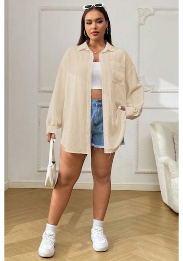 Trendseninle Kadın Bej Tek Cepli Bürümcük Oversize Gömlek Bej