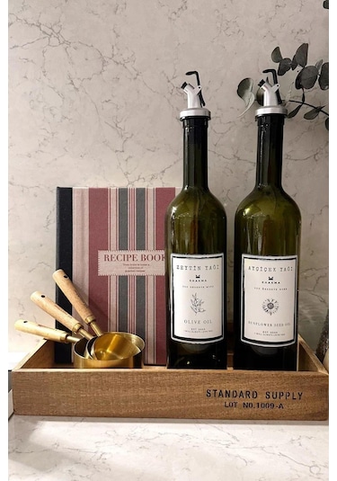 Khakma Ahşap Standlı Zeytinyağ  + Ayçiçek Yağ Şişesi 2'li Set Amber 750 ML
