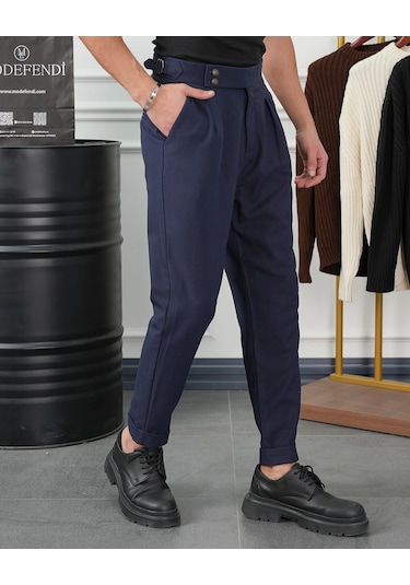 Modefendi Yüksek Bel Pileli Petek Örme Pamuklu Slimfit Pantolon Lacivert