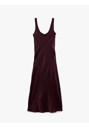 Koton Slim Fit Kolsuz U Yaka Kalın Askılı Uzun Saten Elbise Bordo 6wak80025uw Bordo