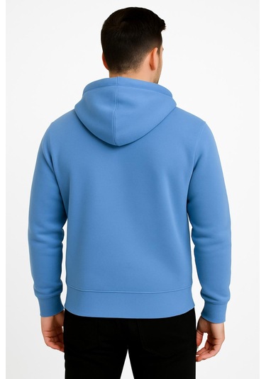 Axxel Erkek Mavi Fermuarlı Kapüşonlu Sweatshirt 3 İplik Şardonlu-w590 Mavi