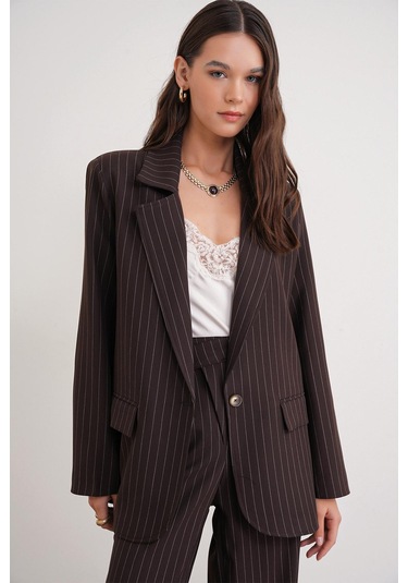 4753 Kadın Çizgili Oversize Blazer Ceket Kahve Kahve