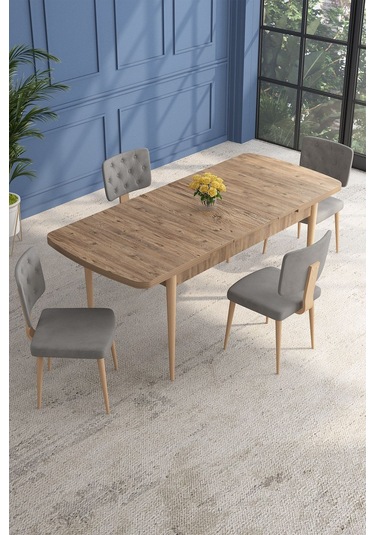Lars Atlantik 80x132 Açılabilir Mdf Masa Yemek Odası Takımı,mutfak Takımı 4 Adet Sandalye Gri