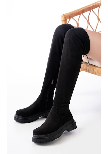 812-2194 Siyah Süet Fermuarlı Diz Üstü Bağcıklı Çorap Günlük Kadın Çizme Resimdeki Renk