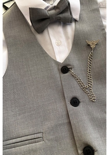 Zincirli Üç Düğme Erkek Çocuk Takım Elbise Gri