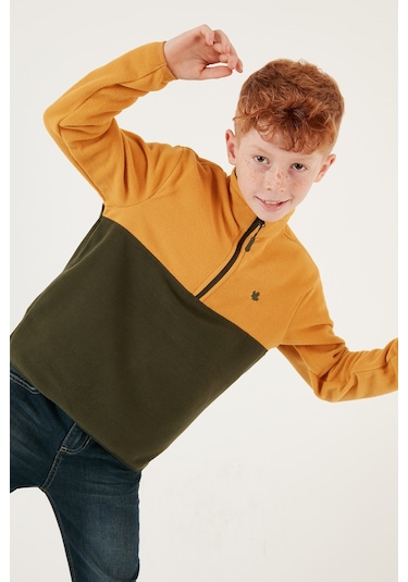 Lela Yumuşak Dokulu Yarım Fermuarlı Renk Bloklu Dik Yaka Unisex Çocuk Polar 5905004 Hardal-Haki