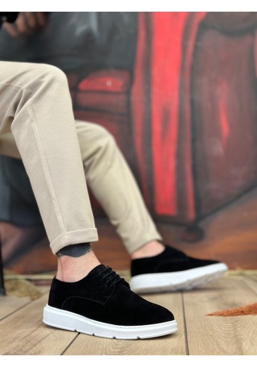 Pabucmarketi Bağcıklı Casual Erkek Ayakkabı Siyah Süet Beyaz Taban Çok Renkli