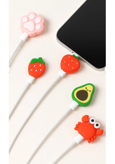 Yengeç Pati Çilek Avakado Temalı Sevimli Figürlü Ve Dayanıklı Silikon Kablo Koruyucu 5 Adet