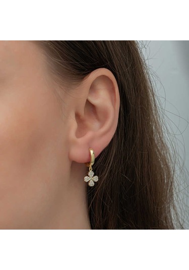 Aya Diamond Gümüş Gold Sallantılı Yonca Kadın Küpe Gold