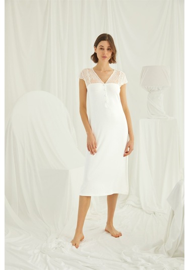 Monamise Kadın Kolu Omzu ve Yakası Dantelli Önü Düğmeli Gecelik 18455 Ekru